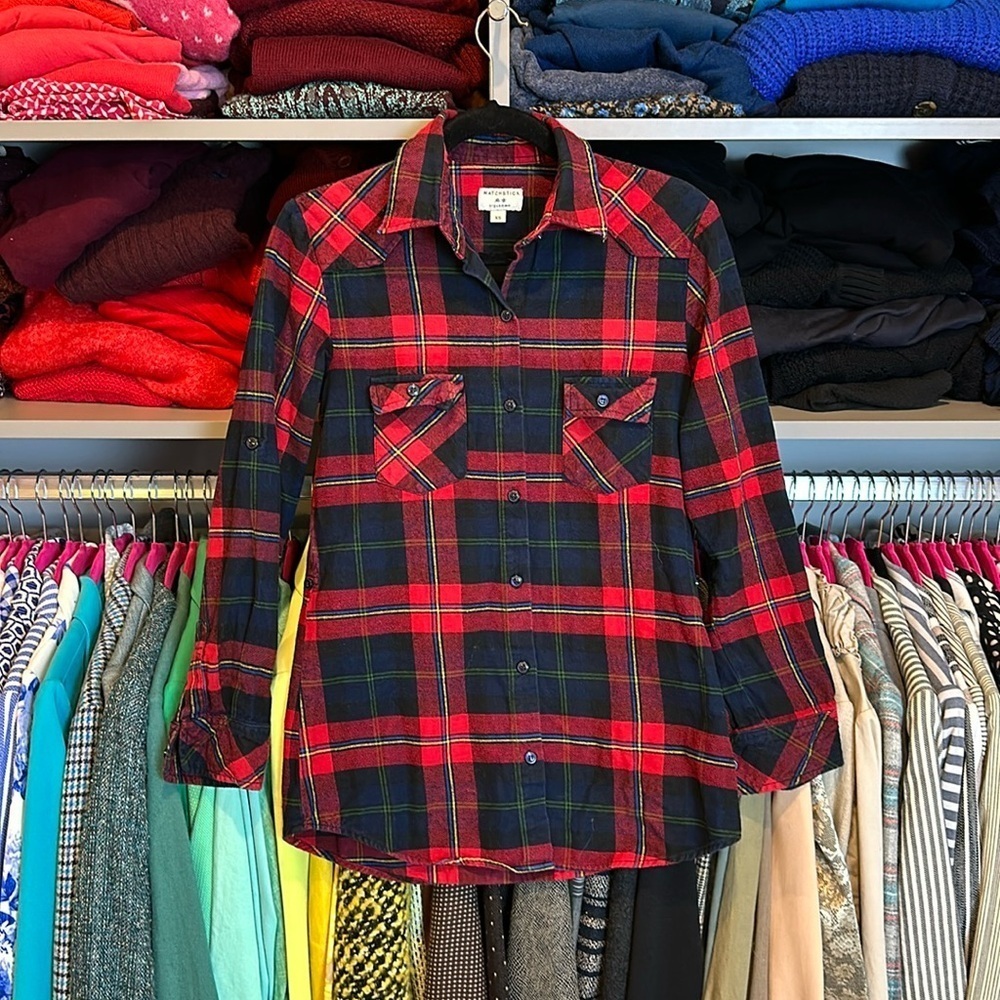 Matchstick red/blue plaid long sleeve button down flannel shirt size XS